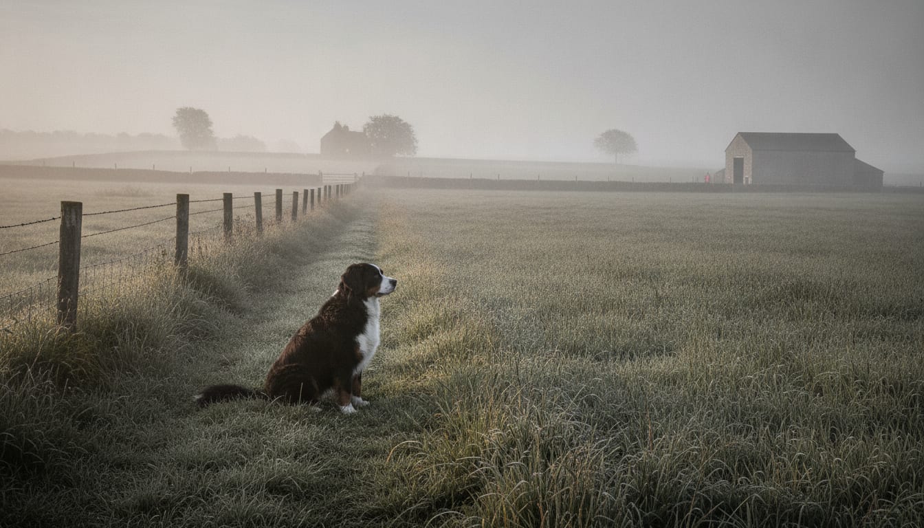 Bernese Mountain Dog sits in misty dewy pasture by wooden fence, distant farmhouse window glowing amber in grey dawn.