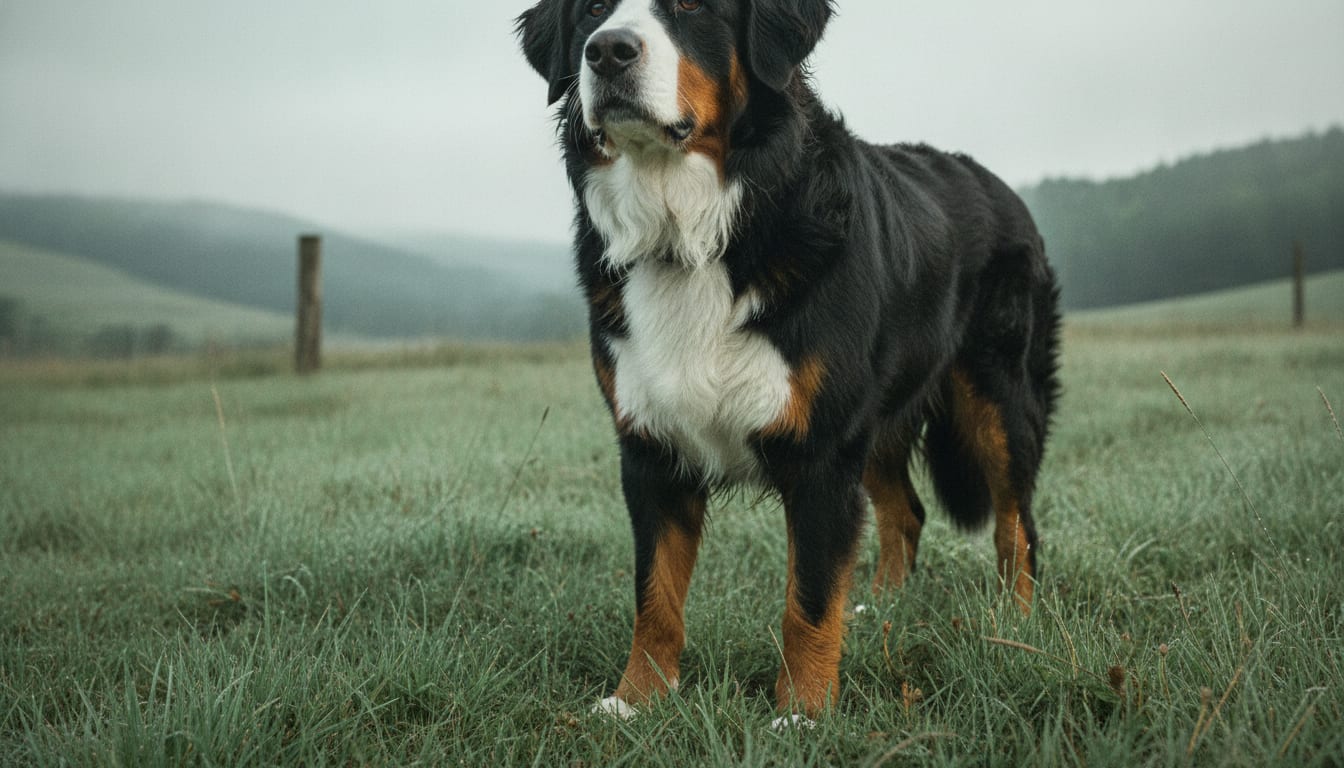 Low-angle view of an older Bernese Mountain Dog standing in tall meadow grass under misty skies on a countryside farm.