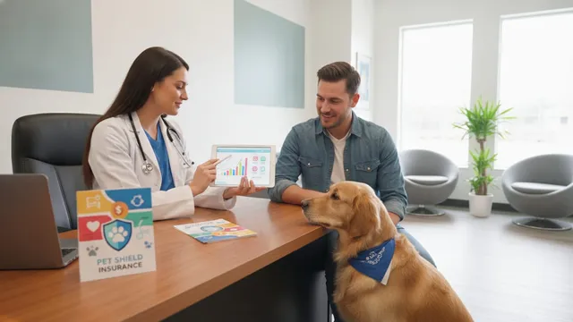 Veterinarian reviews pet insurance policy with dog owner in a bright clinic