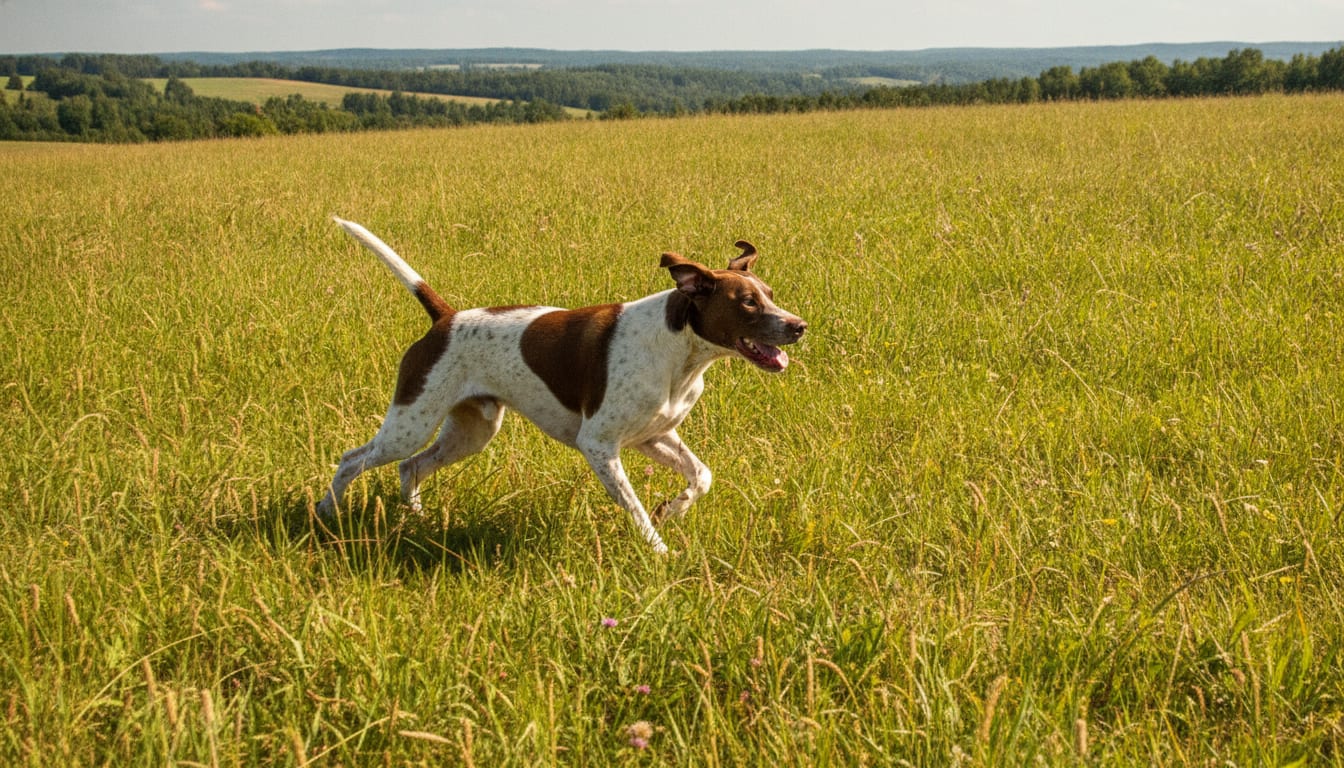 Athletic pointer mix dog running through a grassy field with alert posture and ears perked